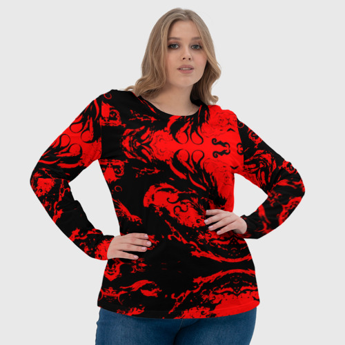 Женский лонгслив 3D с принтом Черный дракон на красном небе, фото #4
