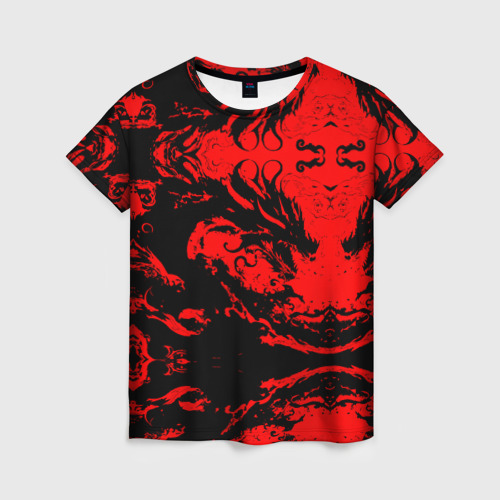 Женская футболка 3D с принтом Черный дракон на красном небе, вид спереди #2