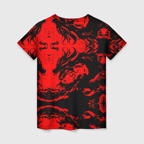 Женская футболка 3D с принтом Черный дракон на красном небе, вид сзади #1