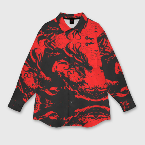 Мужская рубашка oversize 3D с принтом Черный дракон на красном небе, вид спереди #2