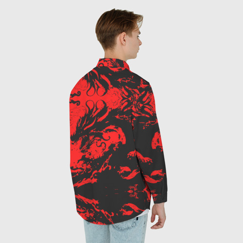 Мужская рубашка oversize 3D с принтом Черный дракон на красном небе, вид сзади #2