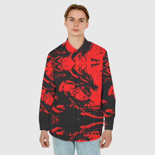 Мужская рубашка oversize 3D с принтом Черный дракон на красном небе, фото на моделе #1