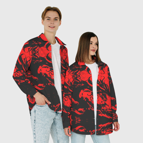 Мужская рубашка oversize 3D с принтом Черный дракон на красном небе, фото #4