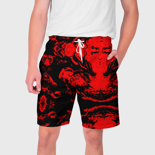 Мужские шорты 3D с принтом Черный дракон на красном небе, вид спереди #2
