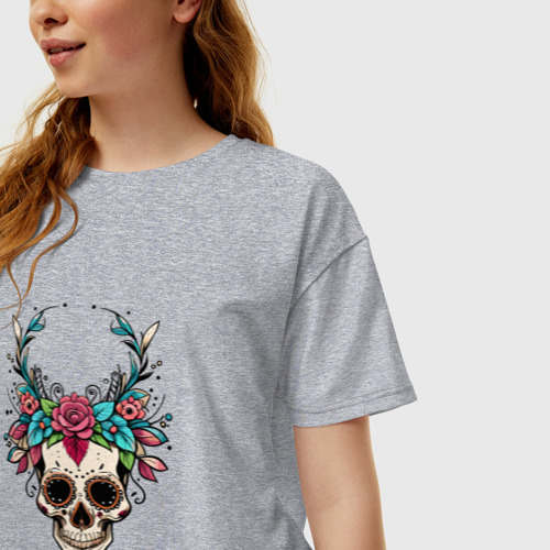 Женская футболка хлопок Oversize Мексиканский рогатый череп, цвет меланж - фото 3