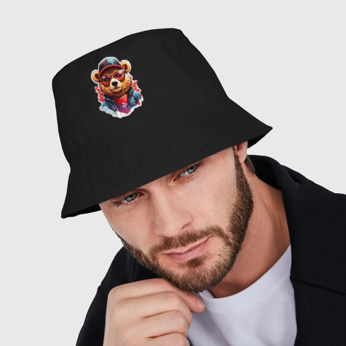 Мужская панама хлопок Модный медведь в кепке и в очках, цвет черный - фото 3