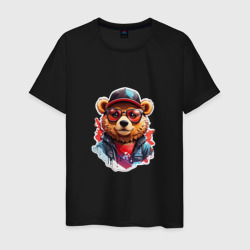 Мужская футболка хлопок Модный медведь в кепке и в очках