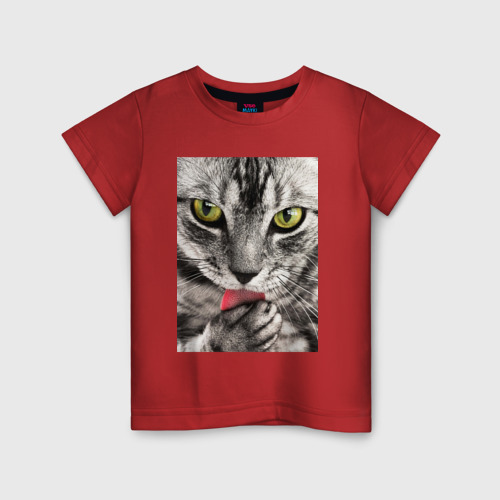Детская футболка хлопок с принтом Кот с языком, вид спереди #2