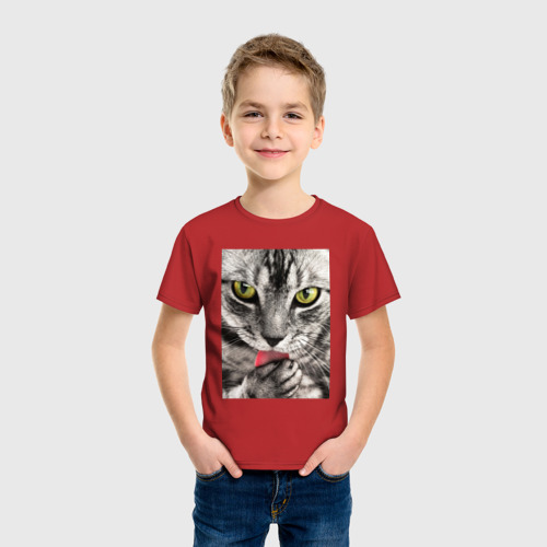 Детская футболка хлопок с принтом Кот с языком, фото на моделе #1