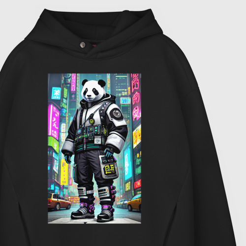 Мужское худи Oversize хлопок Кибер-панда в неоновом городе - нейросеть, цвет черный - фото 4