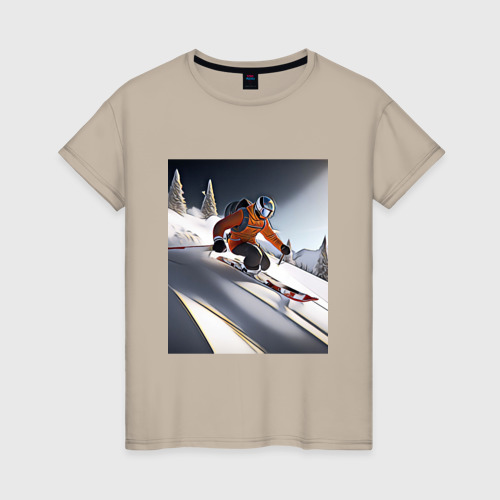 Женская футболка хлопок Горнолыжник спускается с горы, цвет миндальный
