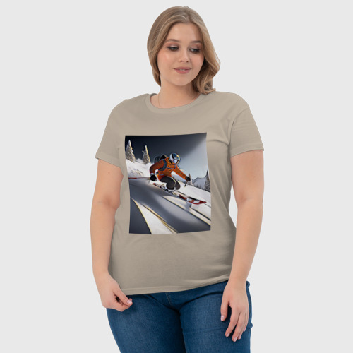 Женская футболка хлопок Горнолыжник спускается с горы, цвет миндальный - фото 6