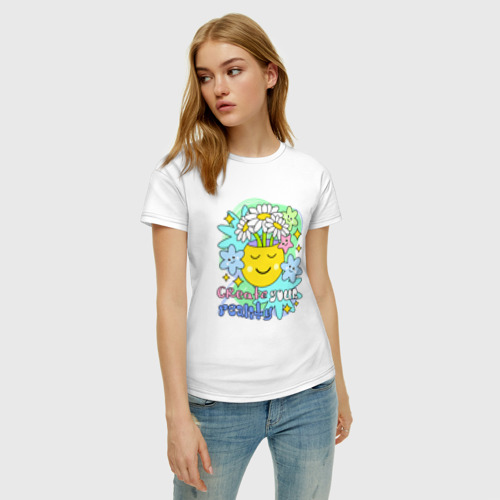 Женская футболка хлопок Цветы в голове - Создавай свою реальность, цвет белый - фото 3