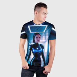 Мужская футболка 3D Slim Девушка биоробот на космической станции - фото 2