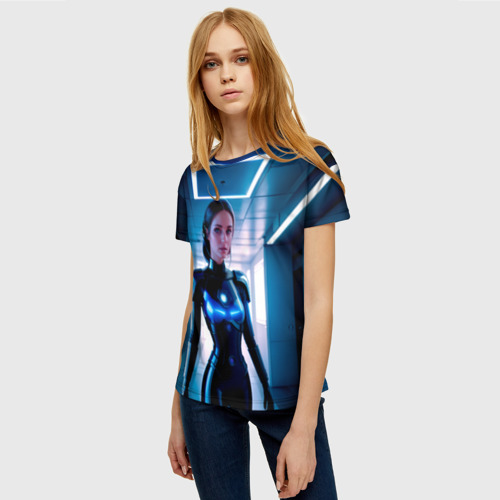 Женская футболка 3D Девушка биоробот на космической станции, цвет 3D печать - фото 3