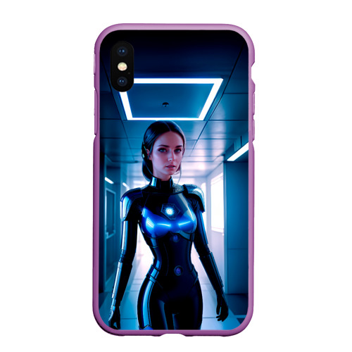 Чехол для iPhone XS Max матовый Девушка биоробот на космической станции, цвет фиолетовый