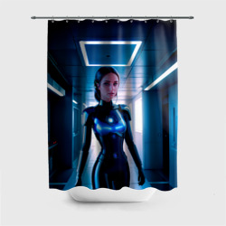 Штора 3D для ванной Девушка биоробот на космической станции