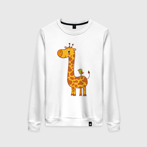Женский свитшот хлопок с принтом Жираф и птичка, вид спереди #2
