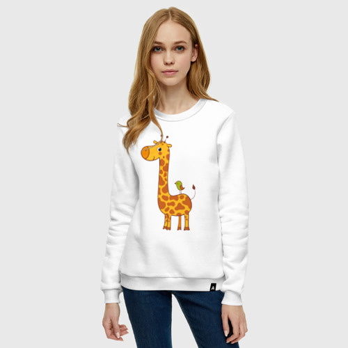 Женский свитшот хлопок с принтом Жираф и птичка, фото на моделе #1