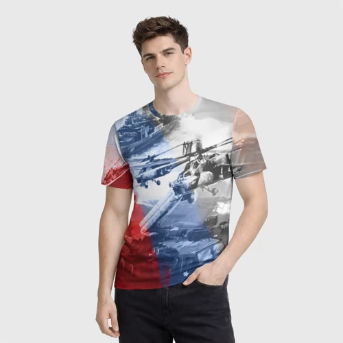 Мужская футболка 3D с принтом Армия РФ - техника военная - вертолёт, фото на моделе #1