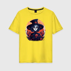 Женская футболка хлопок Oversize Ведьма-скелет и розы
