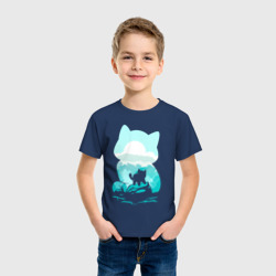 Светящаяся футболка с принтом Силуэт котёнка для любого человека, вид спереди №2. Цвет основы: темно-синий
