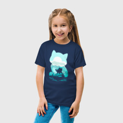Светящаяся футболка с принтом Силуэт котёнка для любого человека, вид спереди №3. Цвет основы: темно-синий
