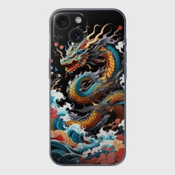 Чехол для iPhone 15 силиконовый с защитой камеры Дракон на волнах в японском стиле арт