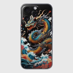 Чехол для iPhone 15 Pro силиконовый с защитой камеры Дракон на волнах в японском стиле арт