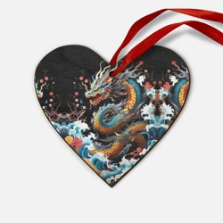 Деревянная игрушка Сердце Дракон на волнах в японском стиле арт