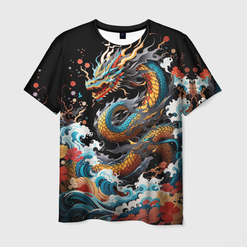 Мужская футболка с принтом Дракон на волнах в японском стиле арт, вид спереди №1