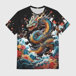 Мужская футболка 3D Дракон на волнах в японском стиле арт