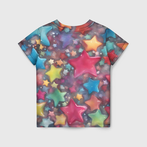 Детская футболка 3D с принтом Разноцветные новогодние звёзды, вид сзади #1