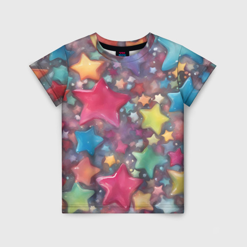 Детская футболка 3D с принтом Разноцветные новогодние звёзды, вид спереди #2
