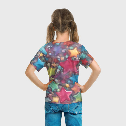 Детская футболка 3D с принтом Разноцветные новогодние звёзды, вид сзади #2