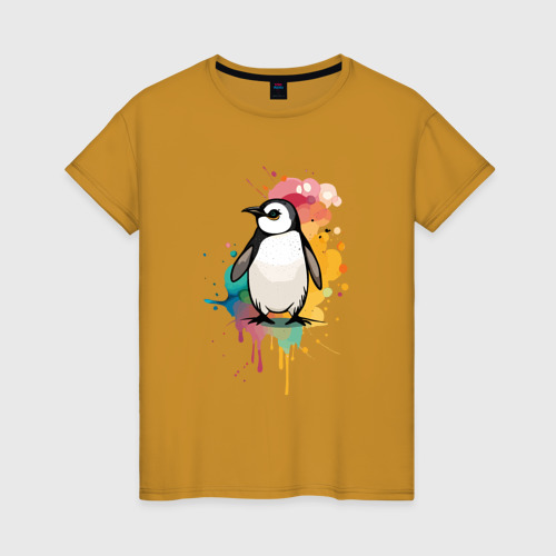 Женская футболка хлопок с принтом Красочный пингвин, вид спереди #2