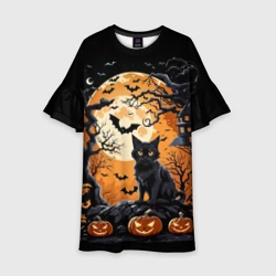 Детское платье 3D Котик на хеллоуине и большая луна