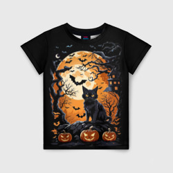 Детская футболка 3D Котик на хеллоуине и большая луна