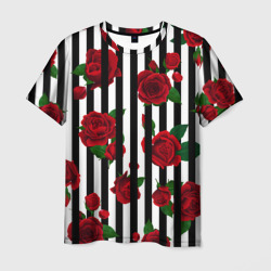 Мужская футболка 3D Полосы и красные розы