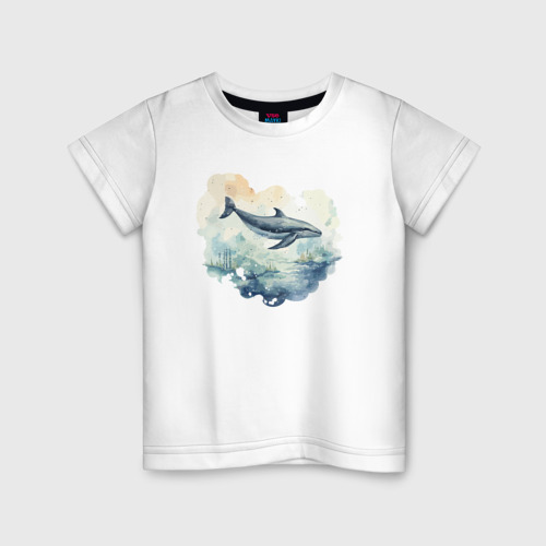 Детская футболка хлопок Синий кит в океане, цвет белый