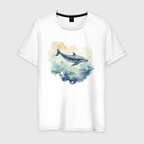 Мужская футболка из хлопка с принтом Синий кит в океане, вид спереди №1