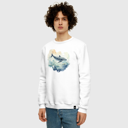 Мужской свитшот хлопок с принтом Синий кит в океане, фото на моделе #1