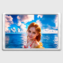Магнит 45*70 Девушка в красно-белом купальнике на море