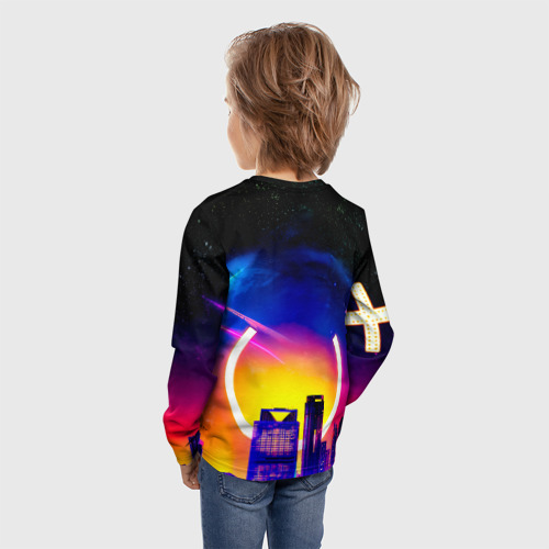 Детский лонгслив 3D Девушка в неоновом комбинезоне на фоне ночного города, цвет 3D печать - фото 4