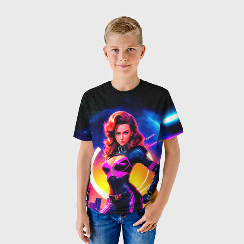 Детская футболка 3D Девушка в неоновом комбинезоне на фоне ночного города, цвет 3D печать - фото 3