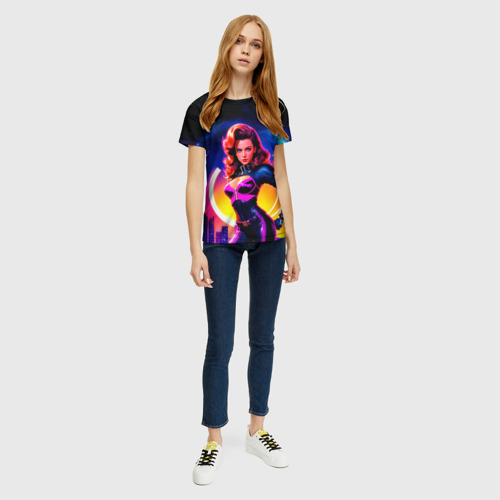 Женская футболка 3D Девушка в неоновом комбинезоне на фоне ночного города, цвет 3D печать - фото 5