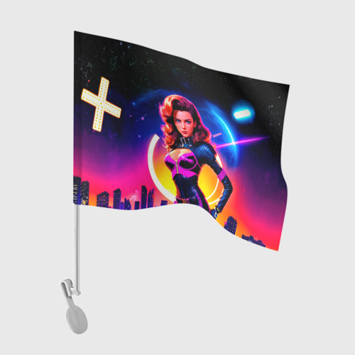 Флаг для автомобиля Девушка в неоновом комбинезоне на фоне ночного города