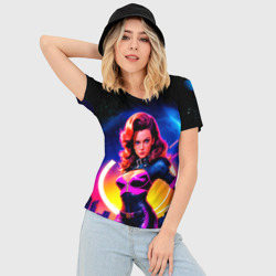 Женская футболка 3D Slim Девушка в неоновом комбинезоне на фоне ночного города - фото 2