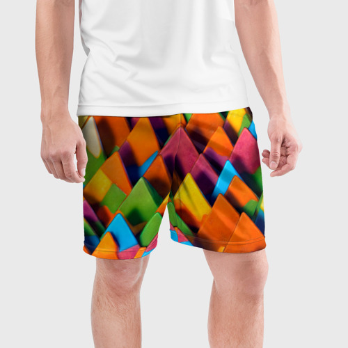 Мужские шорты спортивные с принтом Разноцветные шоколадные пирамиды, фото на моделе #1