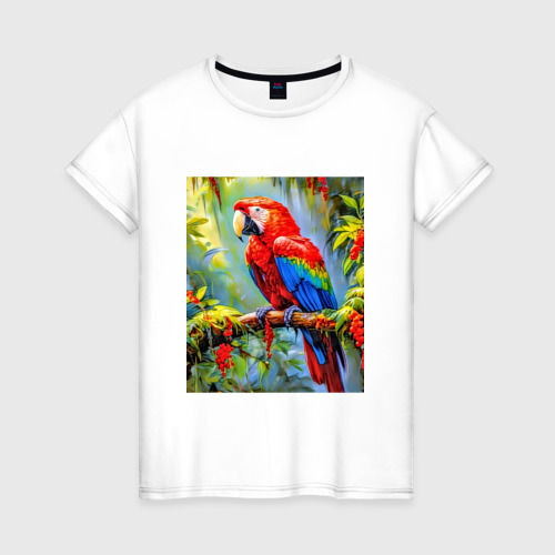 Женская футболка из хлопка с принтом Яркий красный ара, вид спереди №1